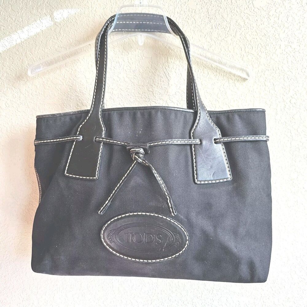 TODS Drawstring Canvas Tote Shoulder Bag Black
